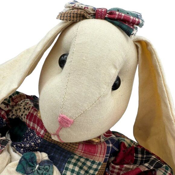 Handmade Patchwork Bunny Doll With Three Baby Bunnies In Apron 18" Plush Decor - Picture 1 of 13